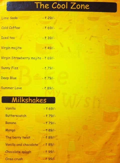 Bake my Wish menu