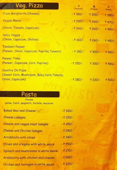 Bake my Wish menu