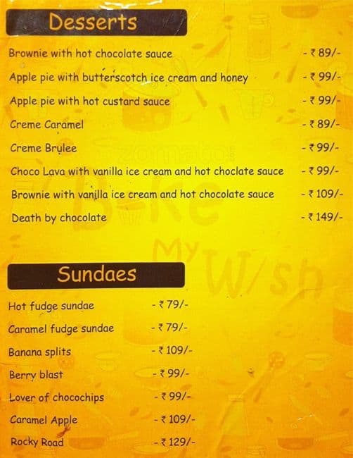 Bake my Wish menu