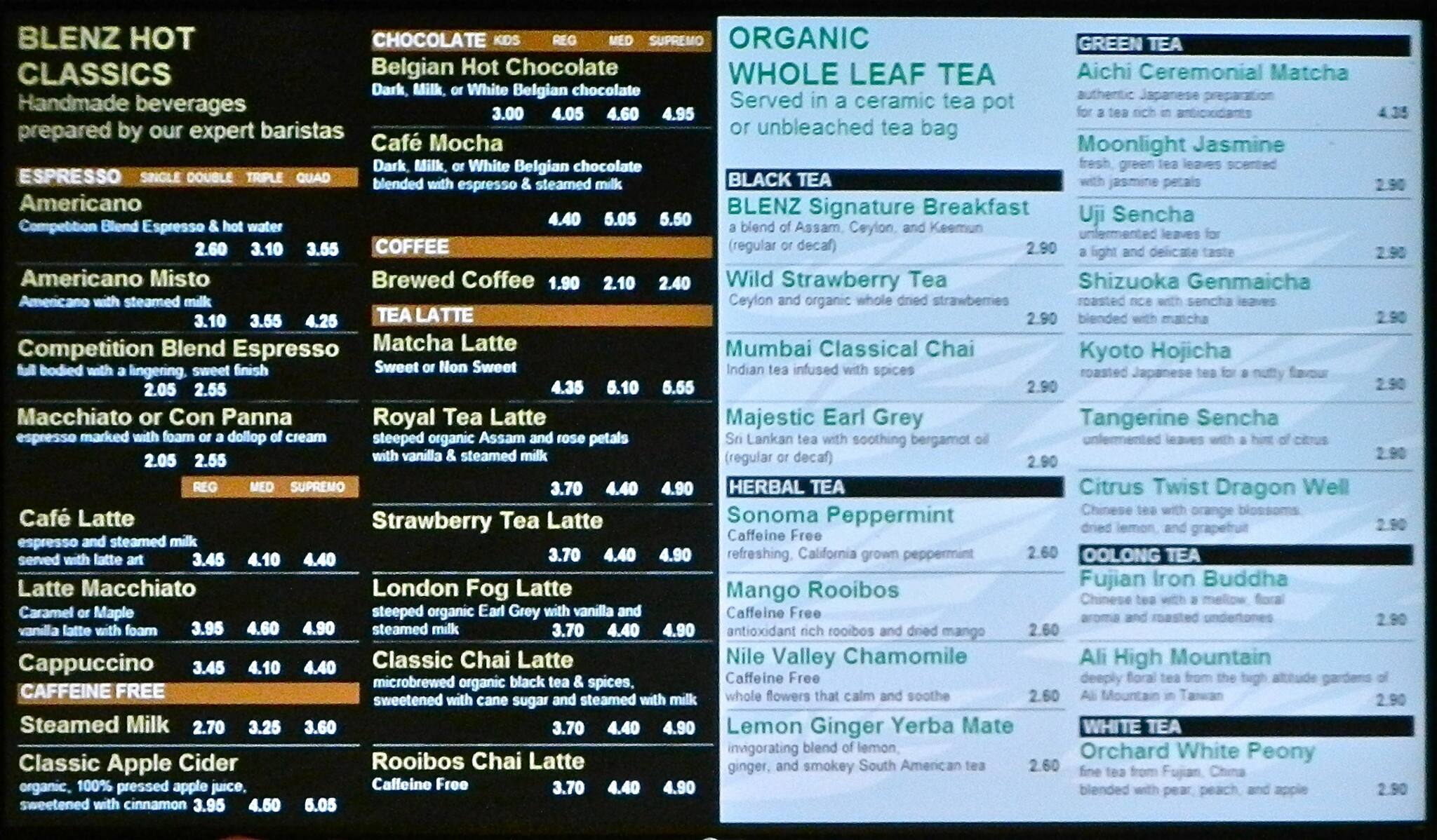 Blenz Coffee Menu, Menu for Blenz Coffee, Victoria, City of Victoria