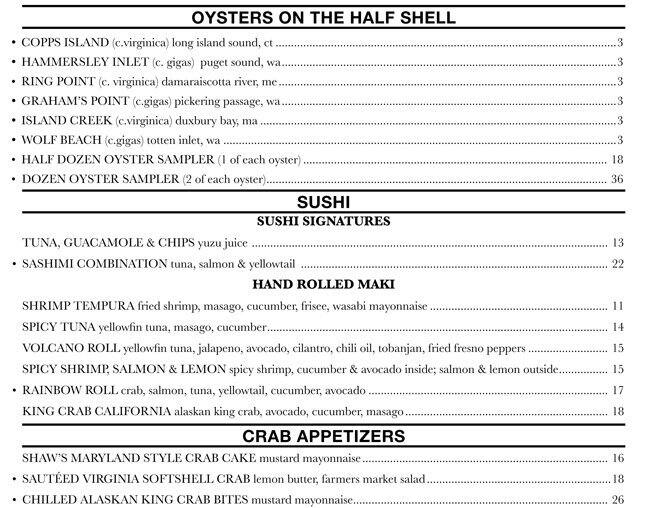 Menu at Shaw's Crab House restaurant, Schaumburg, E Higgins Rd