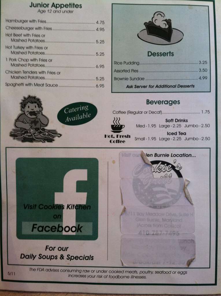 Menu at Cookie's Kitchen restaurant, Pasadena