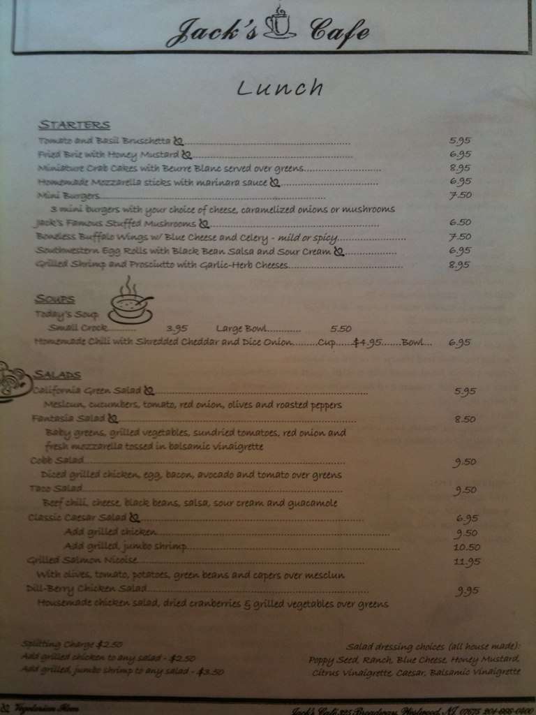 Jack's Cafe Menu, Menu for Jack's Cafe, Westwood, Westwood Urbanspoon