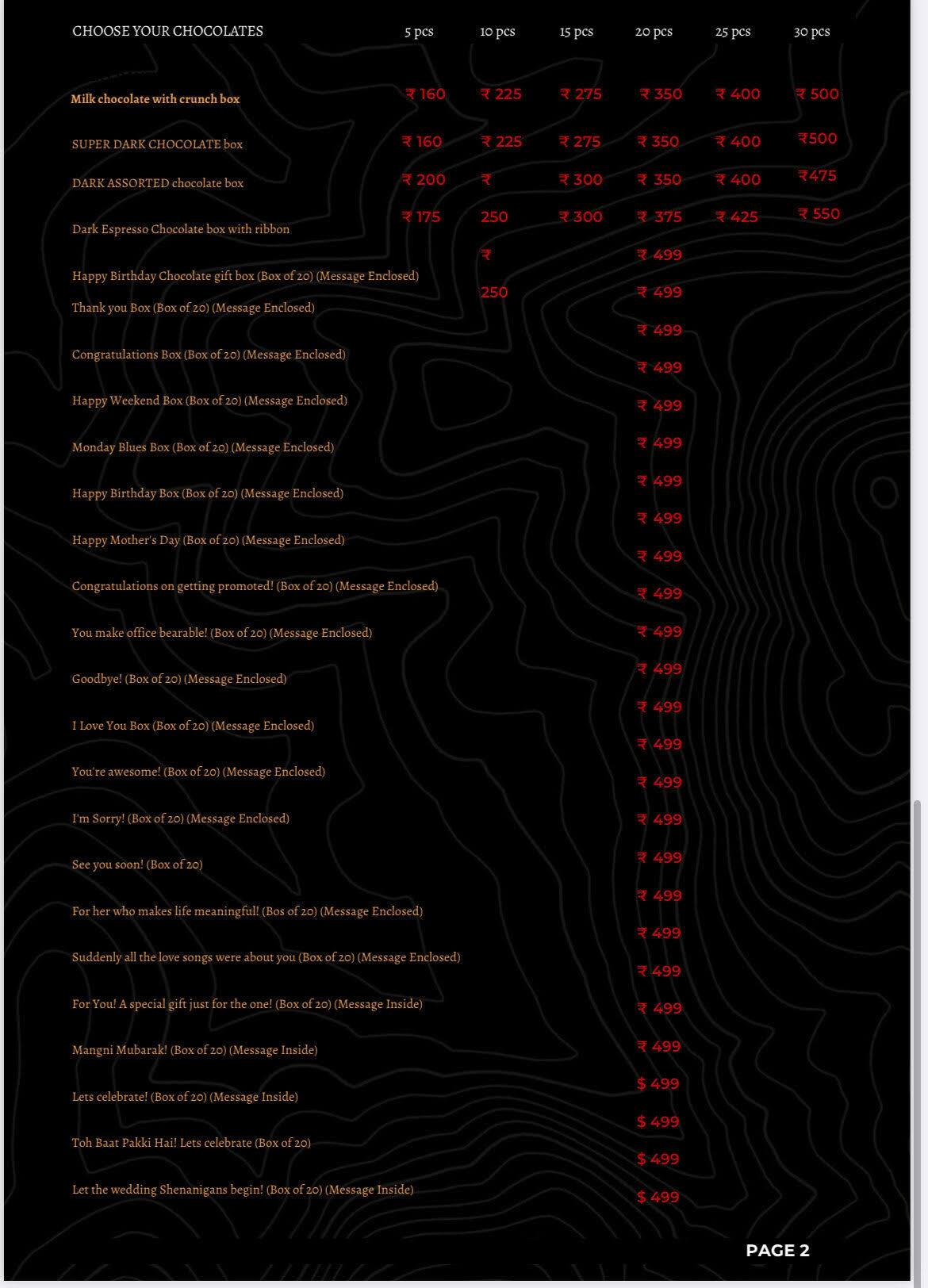 The Twenty Handmade Chocolates menu