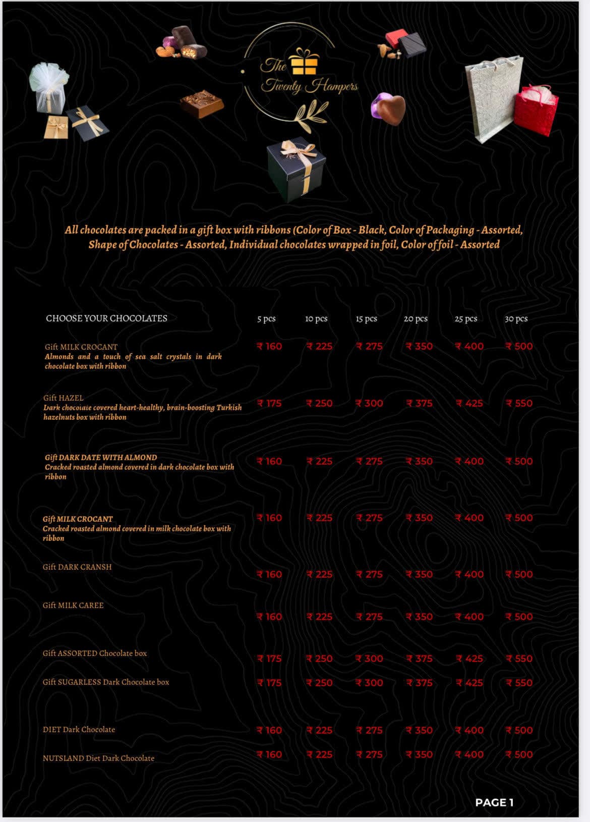 The Twenty Handmade Chocolates menu