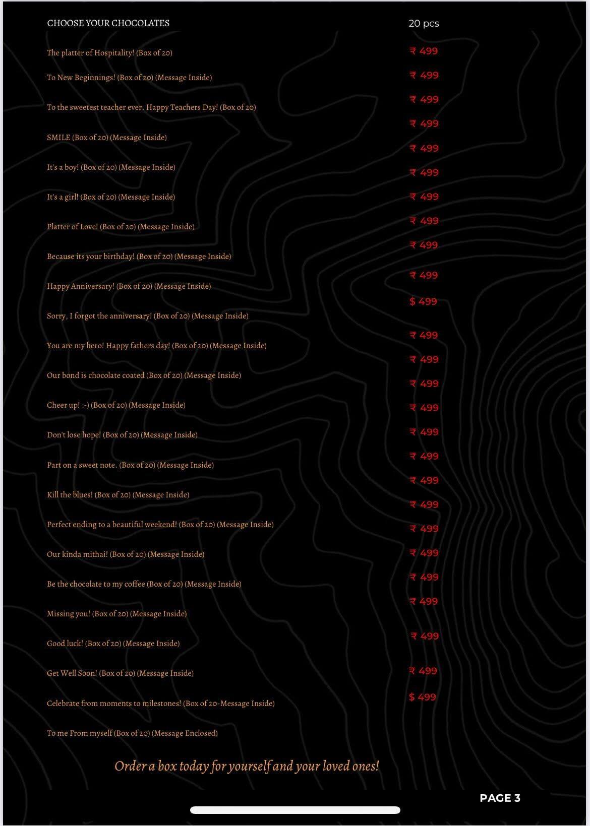 The Twenty Handmade Chocolates menu