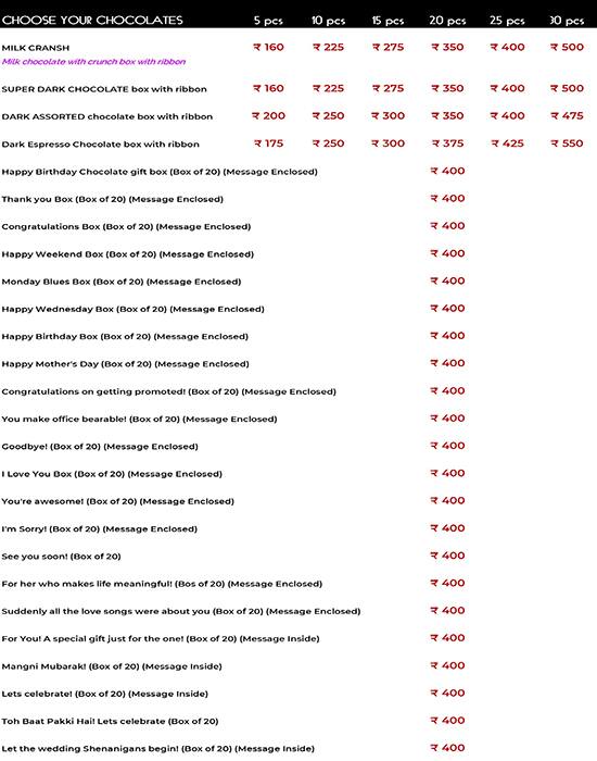 The Twenty Handmade Chocolates menu