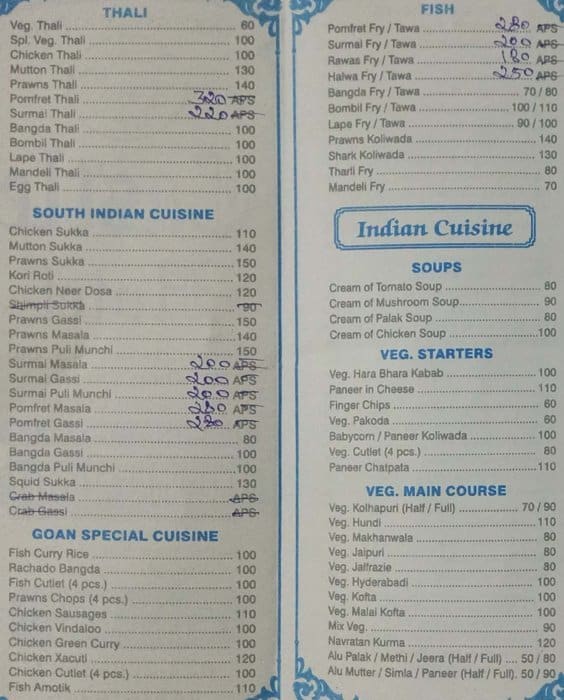 Menu at Castle Hotel, Mumbai