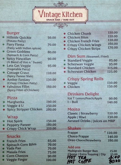 Vintage Kitchen menu, Menu restauracji Vintage Kitchen, Amer, Jaipur