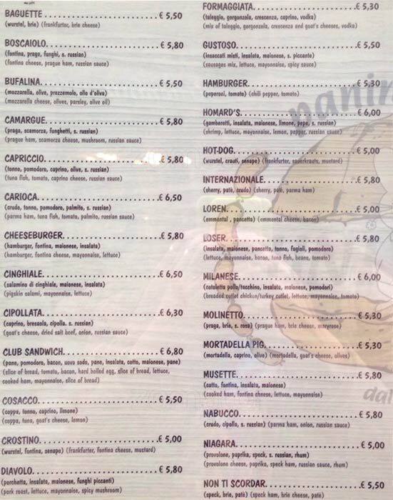 Menu di Bar Paninoteca Unione 
