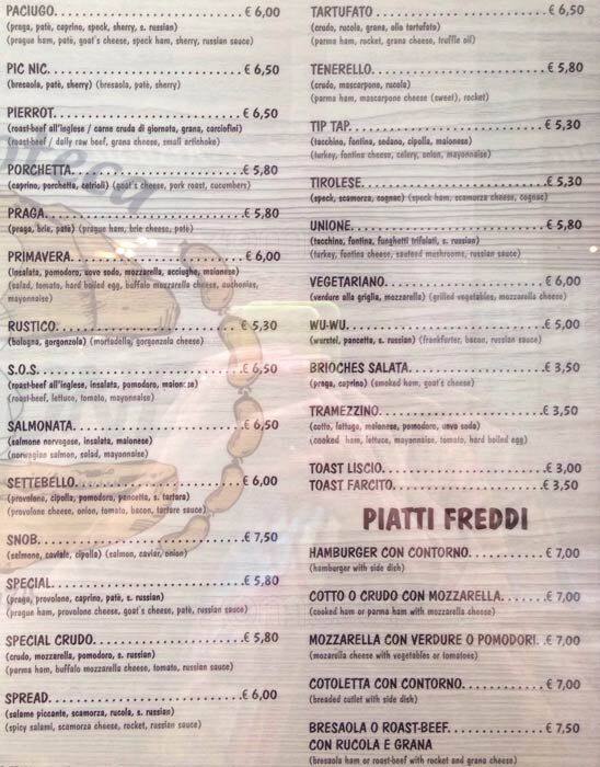 Menu di Bar Paninoteca Unione 