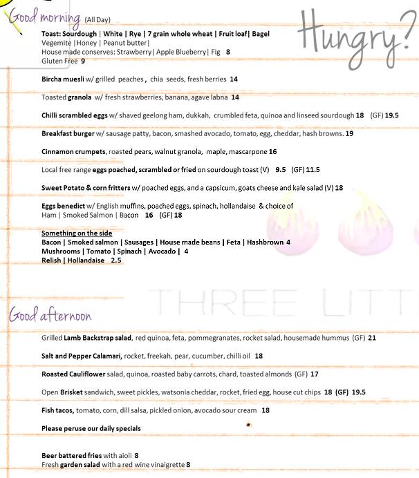 Three Little Figs Menu, Menu for Three Little Figs, Geelong West