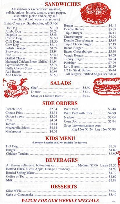 Menu At Byron S Hot Dog Restaurant Chicago Byron S Hot Dog Menu
