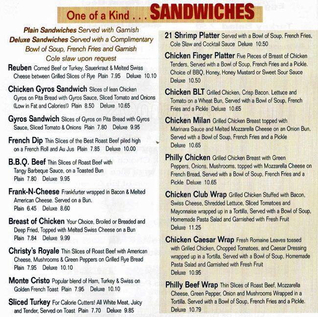 Menu at Christy's restaurant, Wood Dale