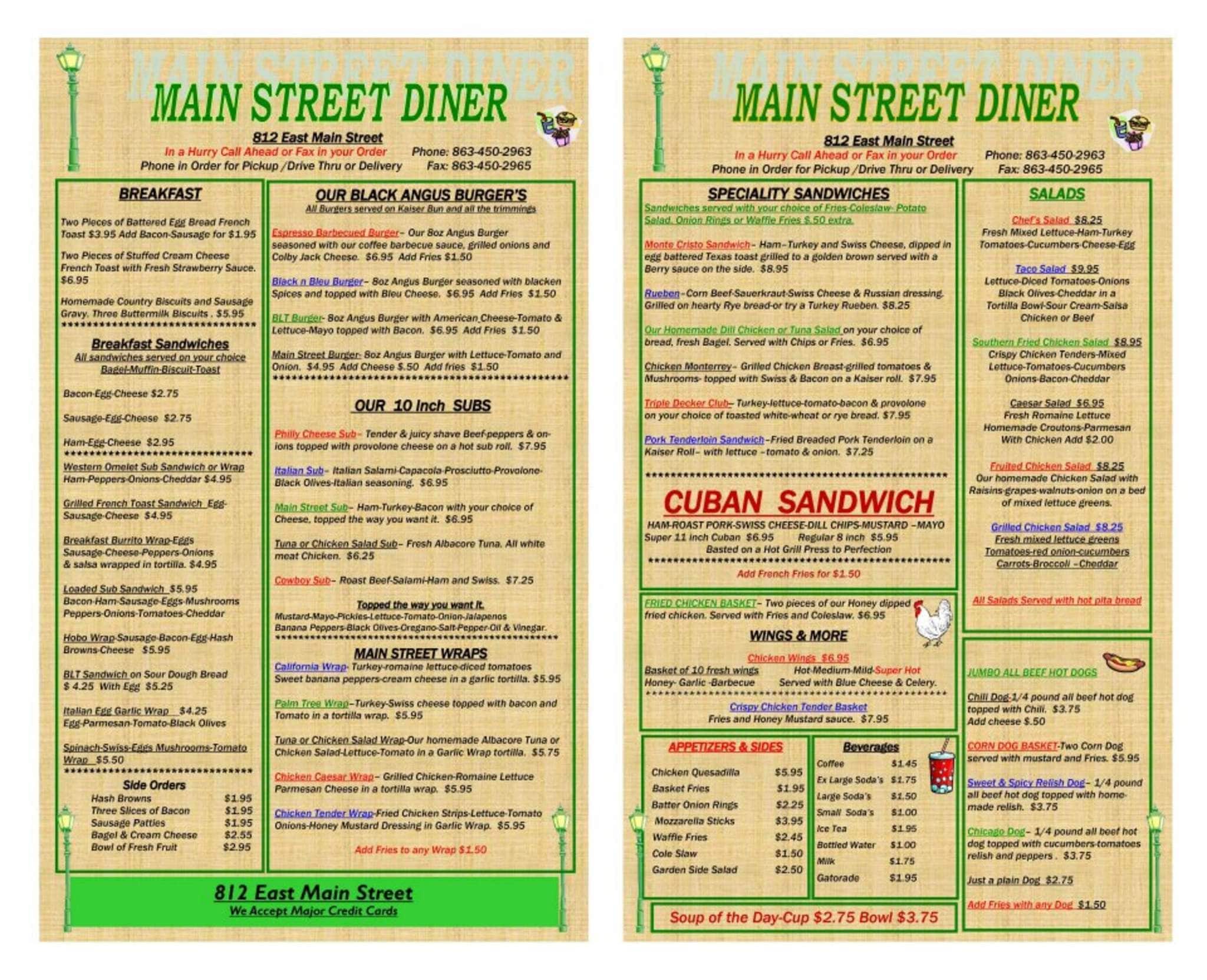 Main Street Diner Menu Menu For Main Street Diner Lakeland Tampa Bay
