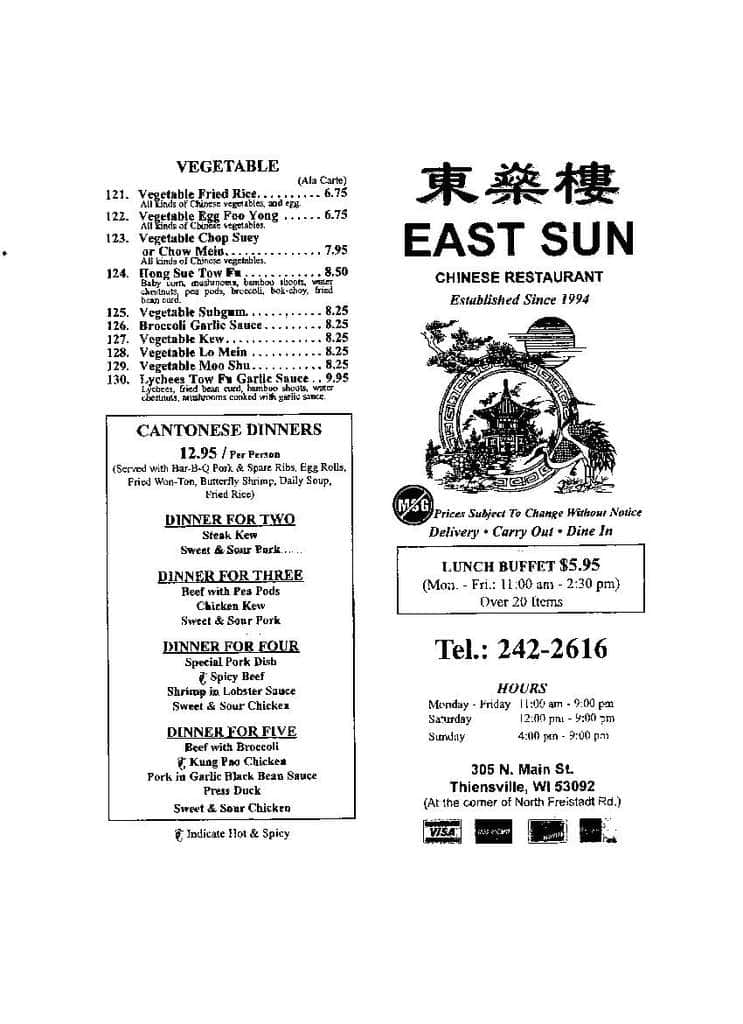 East Sun Chinese Menu, Menu for East Sun Chinese, Thiensville
