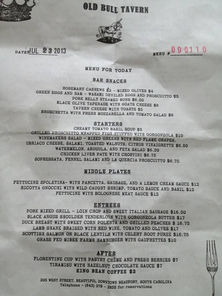 Old Bull Tavern Menu, Menu for Old Bull Tavern, Beaufort, Hilton Head