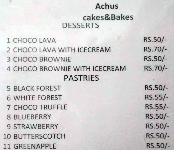 Menu at Achus cakes &Bakes., Chennai