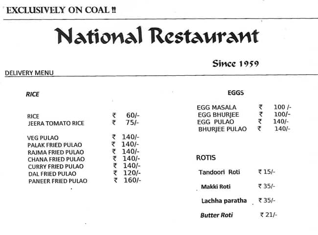 National Restaurant menu