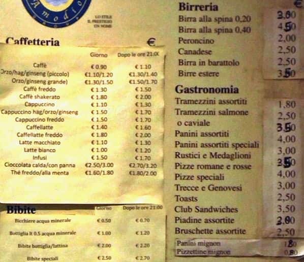 Menu di Caffè Amodio 1978 