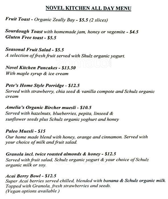 Novel Kitchen Menu, Menu for Novel Kitchen, Williamstown, Melbourne ...