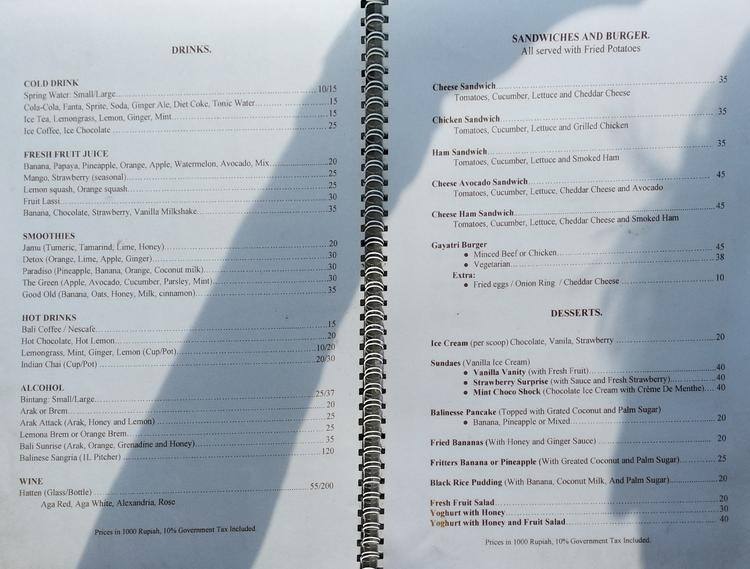 Carta de Gayatri Cafe