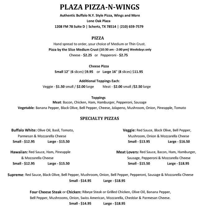 Plaza Pizza N Wings Menu, Menu for Plaza Pizza N Wings, Selma-Schertz ...