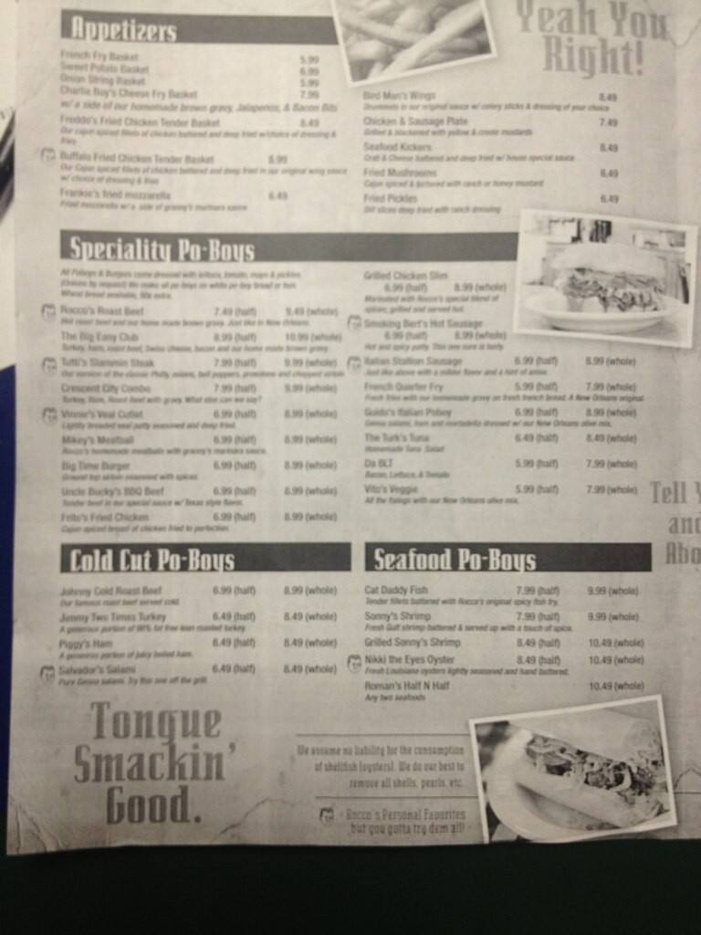 Baton Rouge Roco Menu at Rocco's New Orleans Style Po restaurant, Baton Rouge