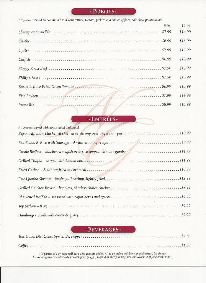 Menu at N'Awlins Grill restaurant, Clinton