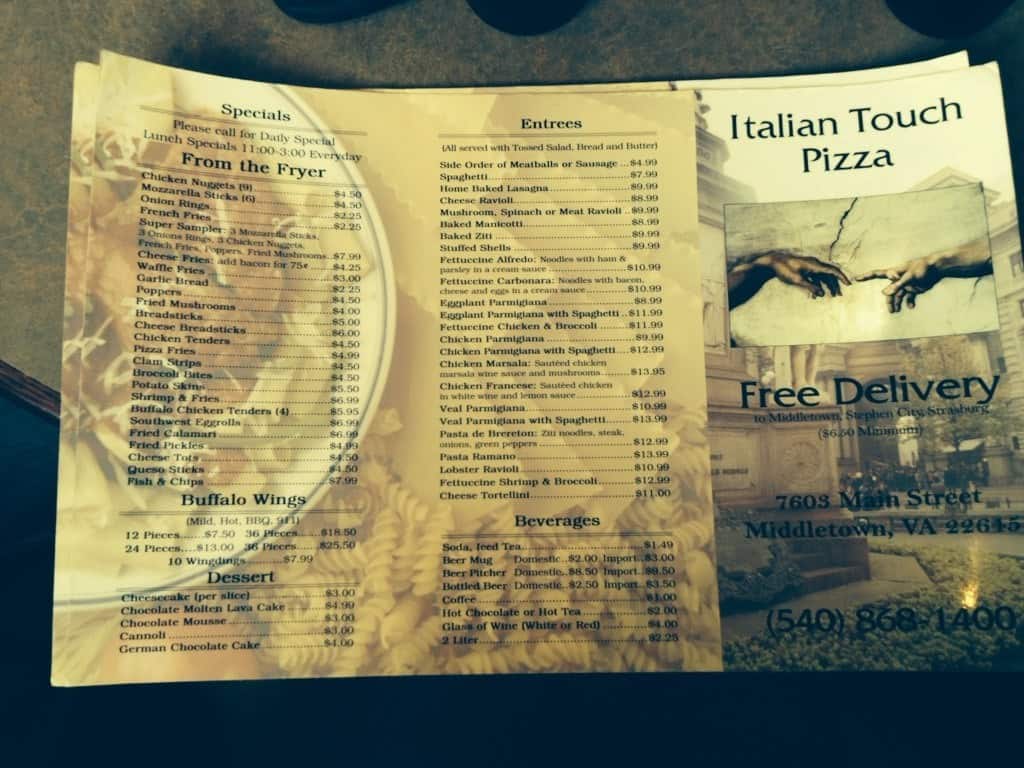 Italian Touch Menu For Middletown Italian Touch Menu
