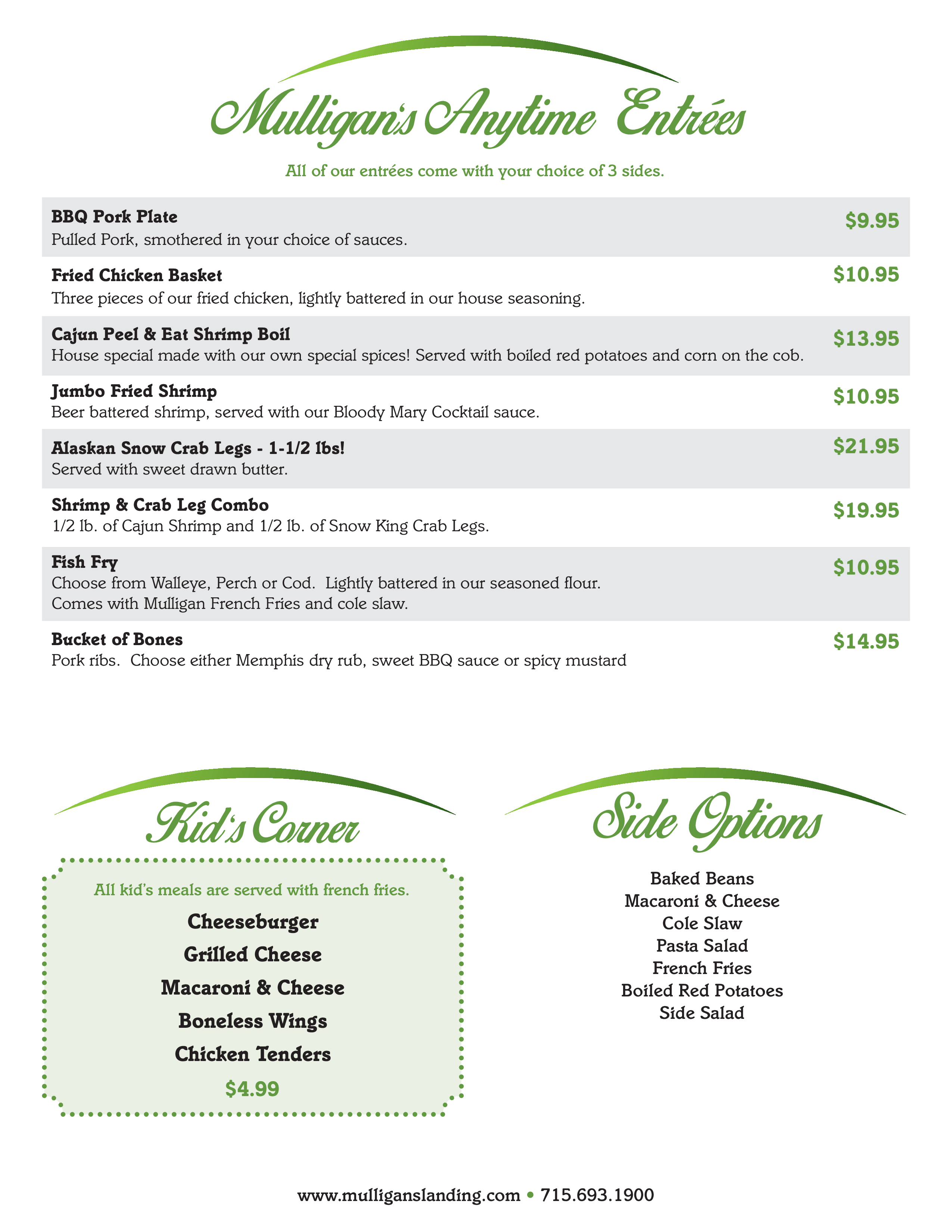 Mulligan's Landing menu
