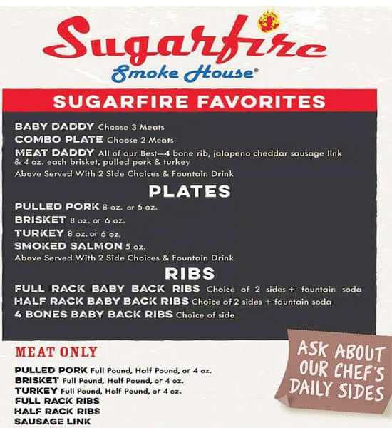 Menu at Sugarfire BBQ, Indianapolis