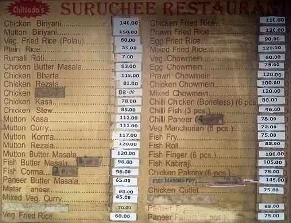Chittoda's Suruchee Restaurant menu