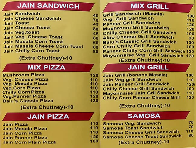 Balu's Classic Sandwich menu