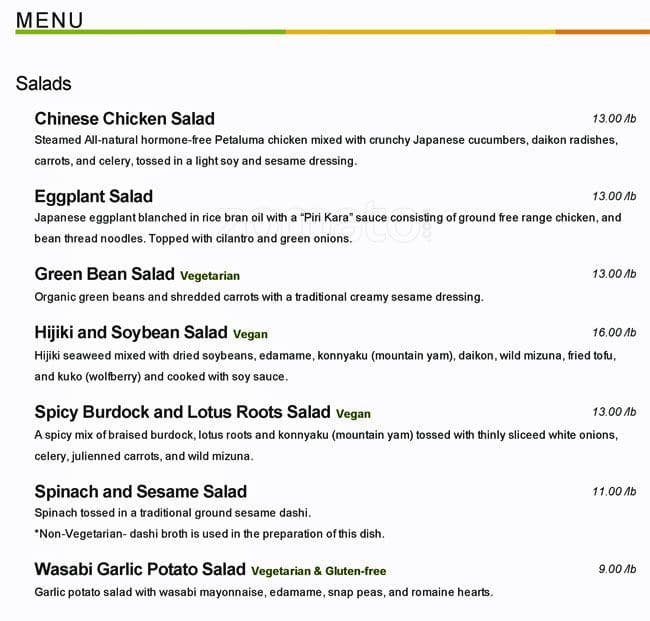 Delica menu, Menu restauracji Delica, Embarcadero, San Francisco Urbanspoon/Zomato