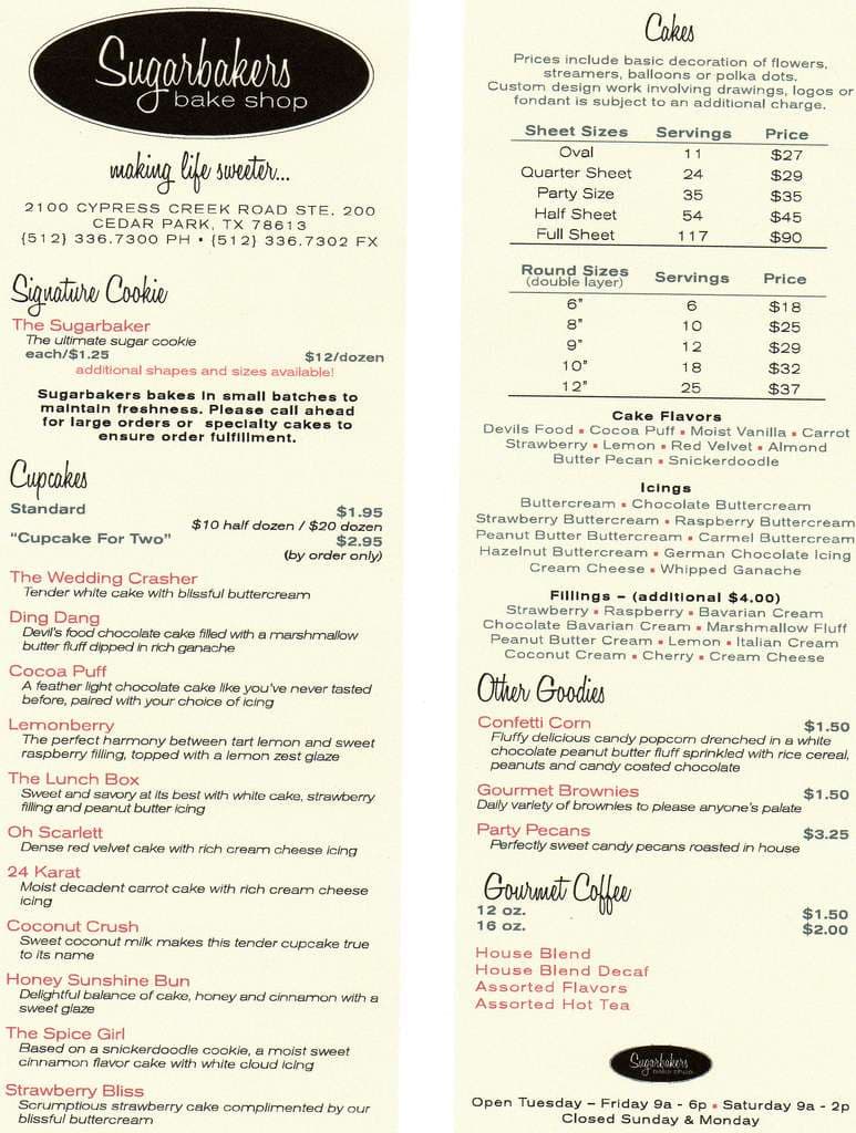 Sugarbakers Bake Shop Menu, Menu for Sugarbakers Bake Shop, Cedar Park