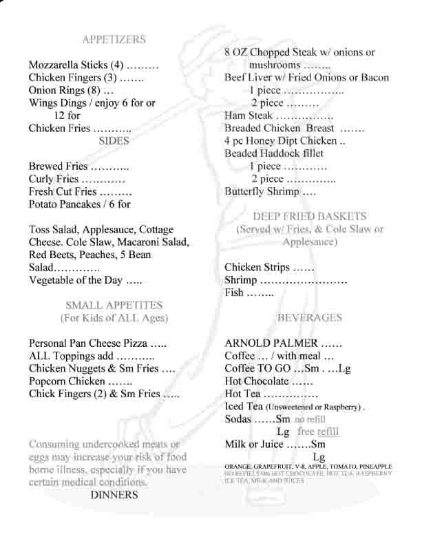 Menu at The Old Farmer's Table restaurant, Turbotville