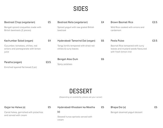 Menu at Darjeeling Express restaurant, London