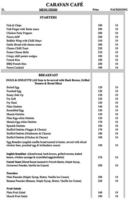 Menu of Caravan Cafe Sector 1 Salt Lake Kolkata