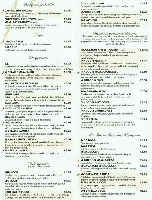 Woodlands Restaurant Menu, Menu for Woodlands Restaurant, Soho, London