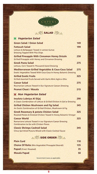 Capers - Hotel Effotel menu