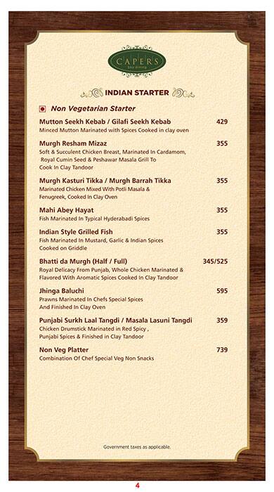 Capers - Hotel Effotel menu