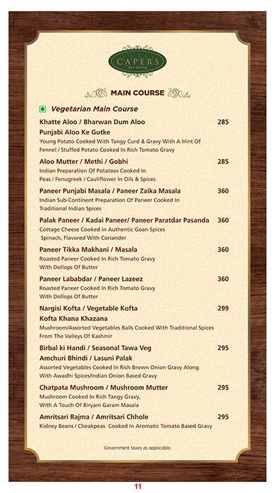 Capers - Hotel Effotel menu