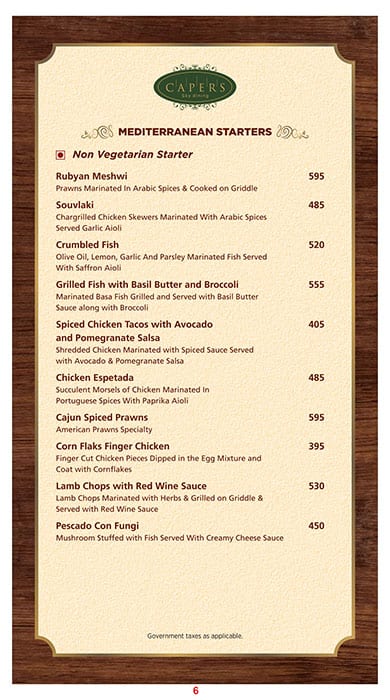 Capers - Hotel Effotel menu