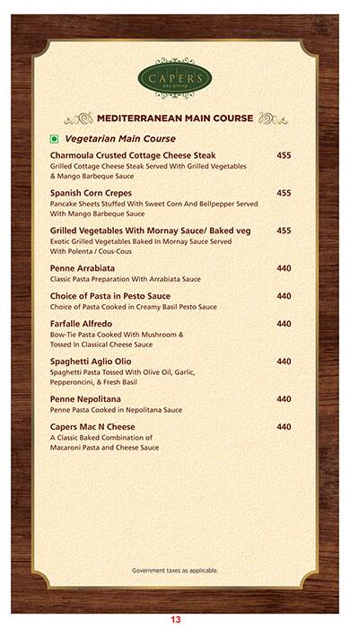 Capers - Hotel Effotel menu