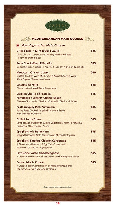 Capers - Hotel Effotel menu