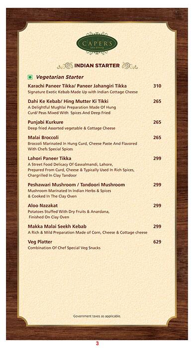 Capers - Hotel Effotel menu