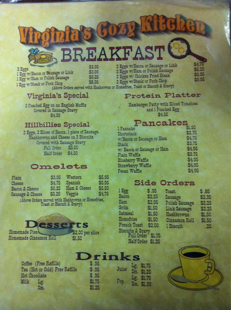 Menu at Virginia's Cozy Kitchen restaurant, Edmond