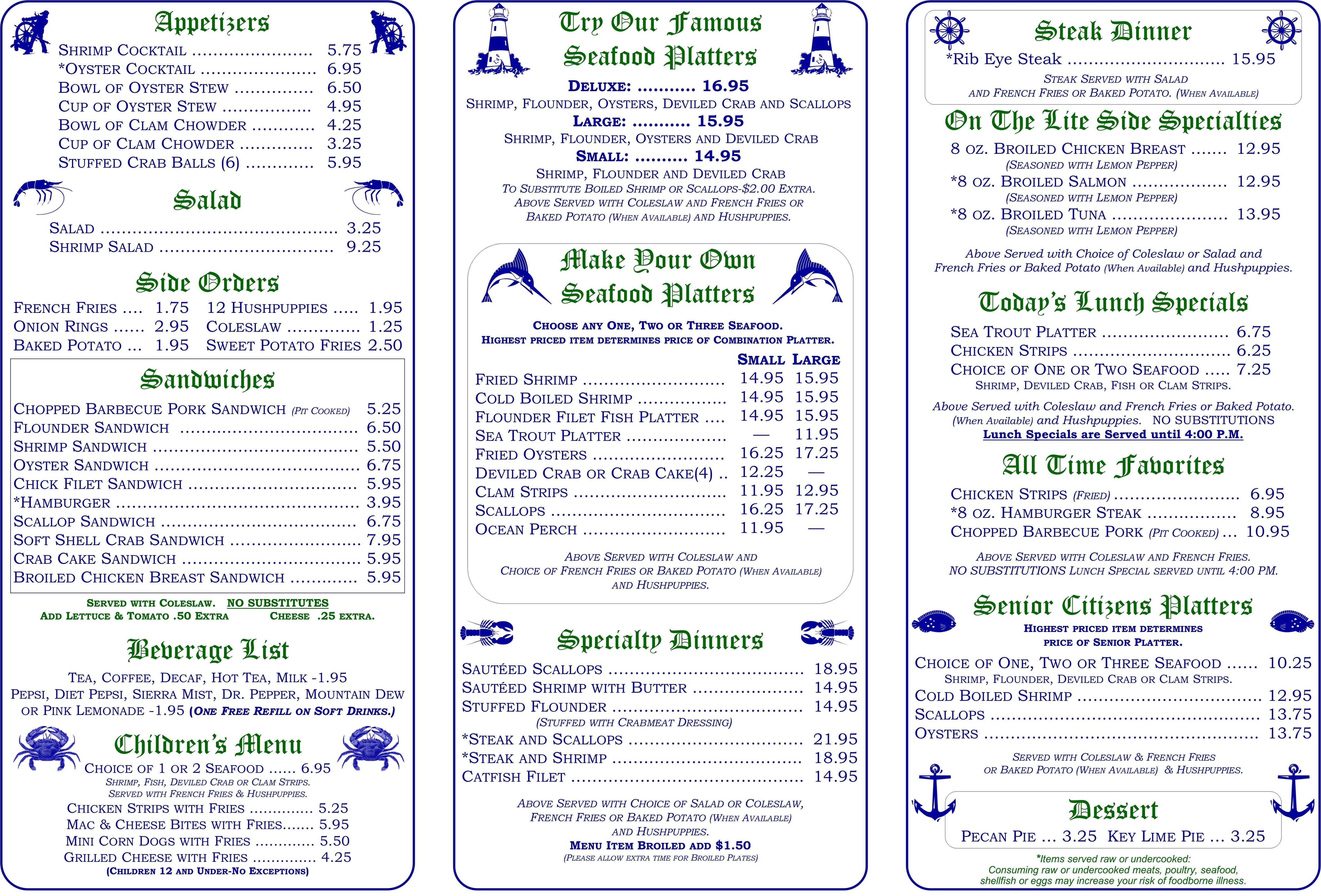 Menu at Captain Nance's Seafood restaurant, Calabash