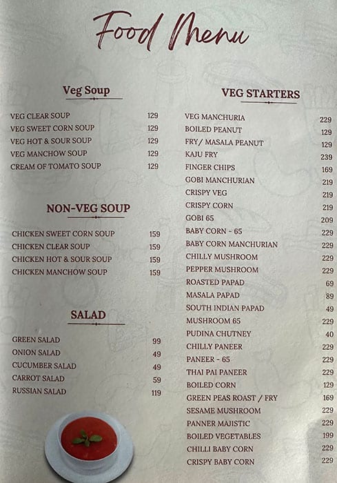 Menu of VR Ashoka Grand, Miyapur, Hyderabad